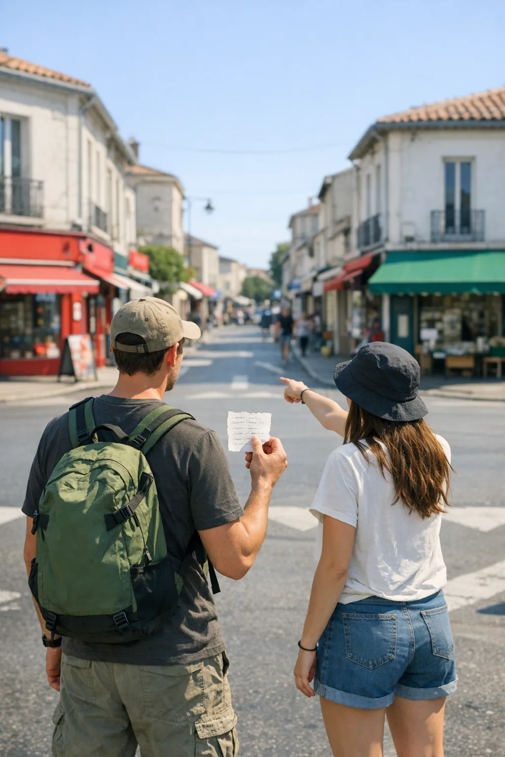 A couple with backpacks working out where to go on a sunlit street